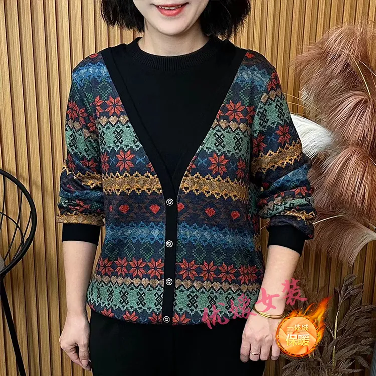 中老年女装秋冬加绒保暖复古圆领假两件显瘦洋气妈妈装长袖上衣