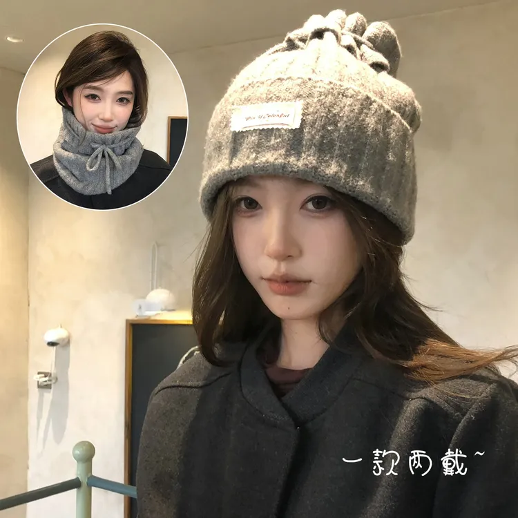 【猫仔kitte】一款两戴加厚针织帽冬季保暖复古情侣帽子围脖女款