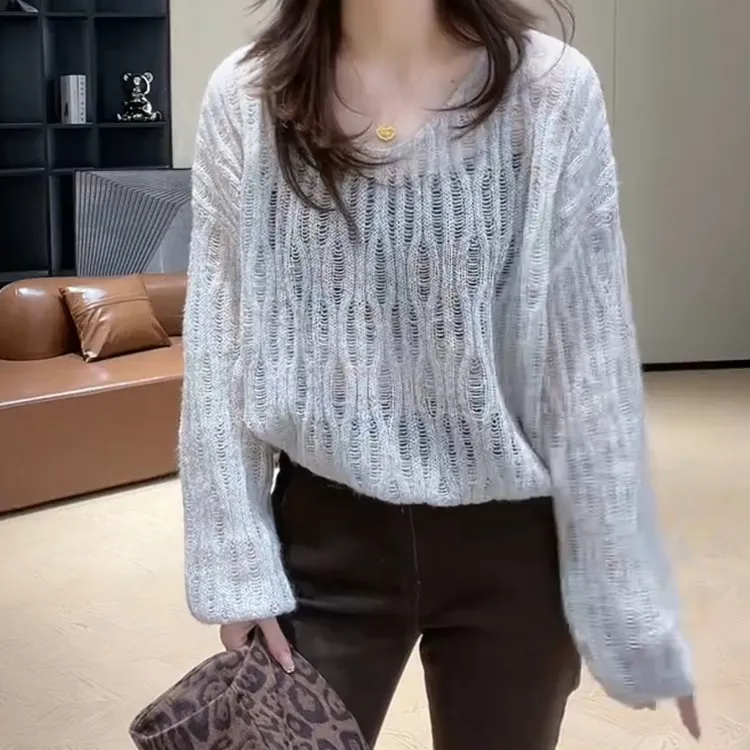 秋季慵懒风V领纯色镂空针织长袖韩版上衣LK2506371