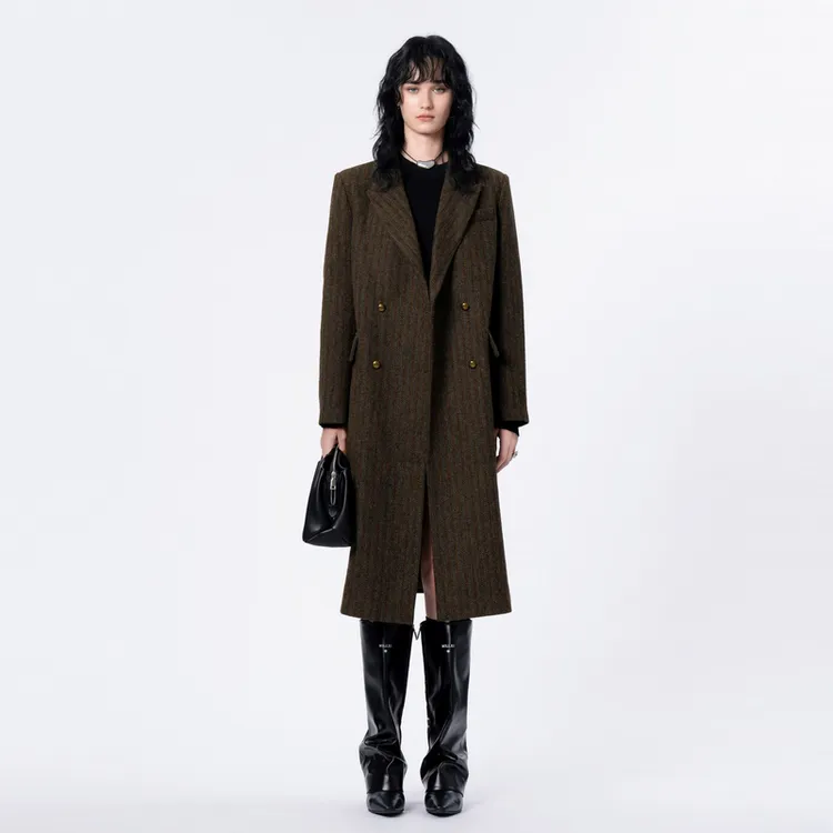 U/TI 美拉德咖色设计感英伦复古风时尚双排扣长款单面毛呢大衣