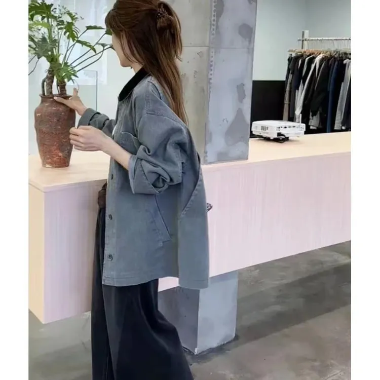 【拼接牛仔】 中长款女拼色宽松型翻领高级感翻领休闲宽松短外套