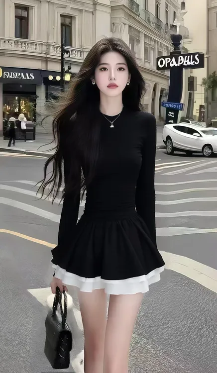 新款设计感轻奢小香风黑色圆领长袖修身收腰时尚百褶氛围感连衣裙