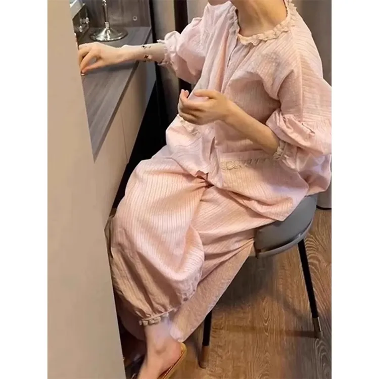 新款早秋慵懒风收腰显瘦宽松大码时尚小众阔腿睡衣女长袖家居套装