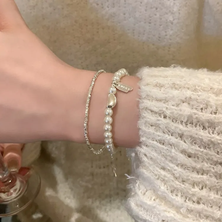 合金仿珍珠手链 碎银子珍珠手链女轻奢小众高级手饰精致叠戴手串