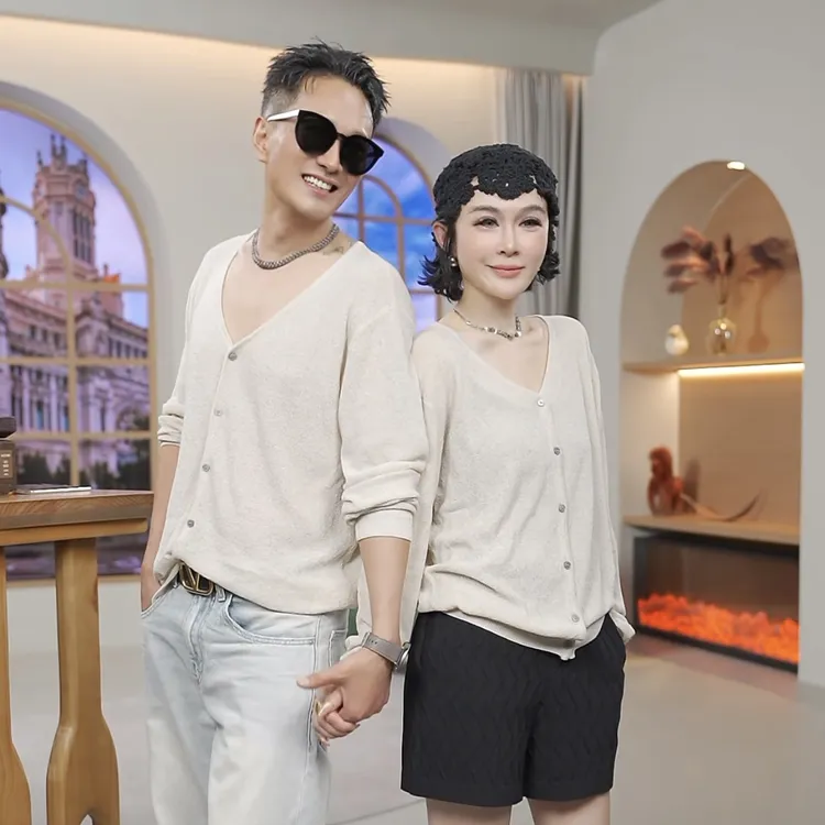 PanYiXiu/潘依绣天丝亚麻温柔色系V领长袖针织开衫 D412