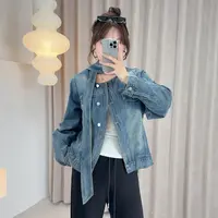 【深海蓝】2025年秋季新款大码女装飘带长袖牛仔外套YC308