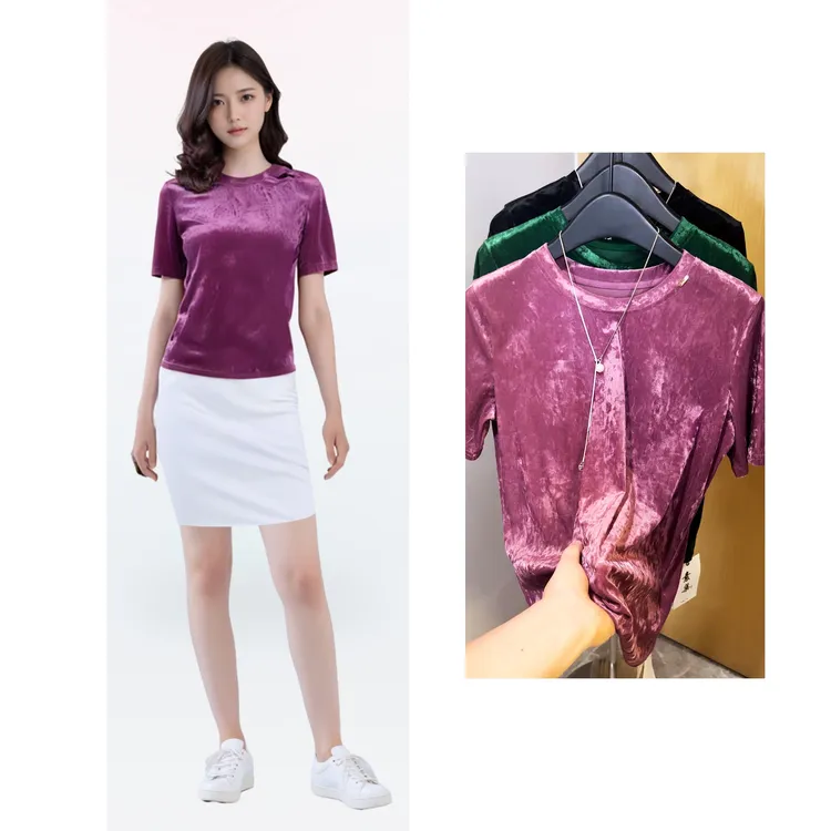 【素集】高档冰花丝绒圆领T恤正肩轻奢气质弹力短袖显瘦薄款半袖