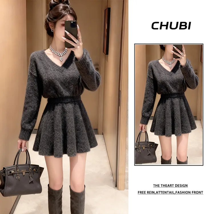 2025秋冬季新款套装女V领气质显瘦针织毛衣搭配A字针织短裙两件套