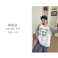 晴晴家-【衣橱换新】早秋韩系百搭卡通印花撞色插肩长袖T恤2505