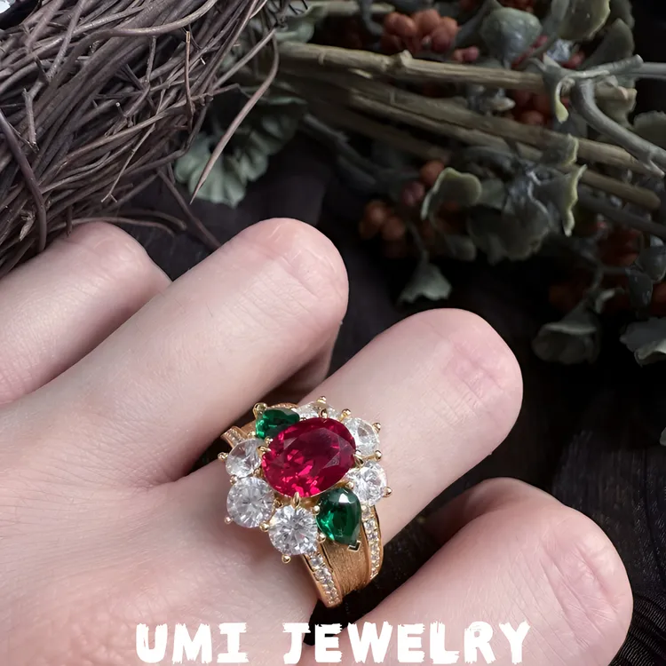 925银合成锆石戒指 UMI家【绿野仙踪】拉丝红宝vintage时尚镶嵌