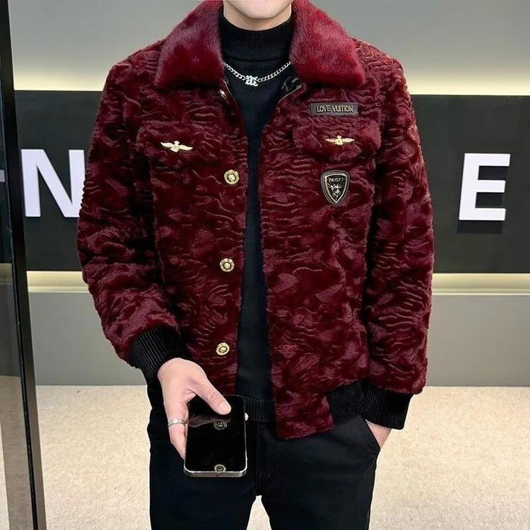 2024冬季新款男士休闲时尚翻领潮流修身网红金雕绒加厚外套