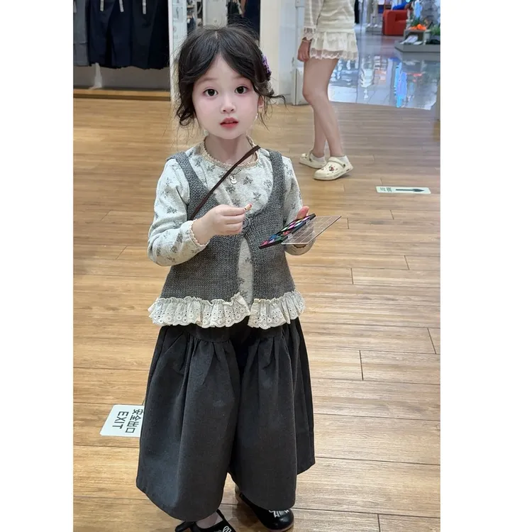 女童秋季套装2025新款宝宝洋气针织吊带衫碎花打底衫儿童阔腿裤潮
