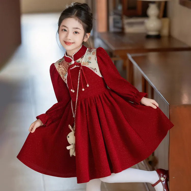 女童连衣裙秋冬2025新款儿童中国风红色公主裙小女孩长袖裙子洋气
