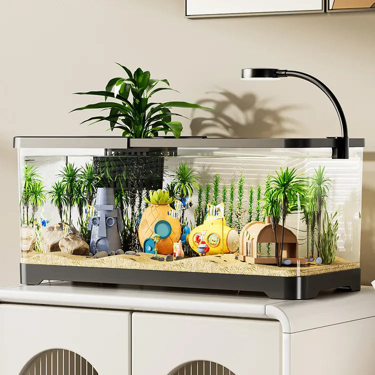 AS材质鱼缸小型新手家用客厅造景过滤制氧一体机底滤鱼缸客厅家用