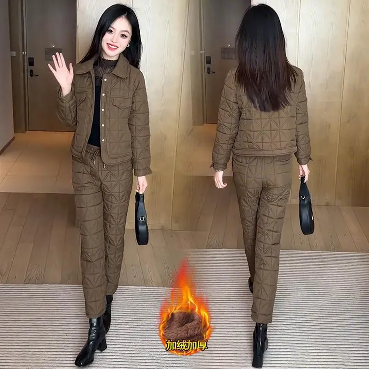 加绒加厚时尚套装女冬季新款宽松显瘦小个子保暖棉衣棉裤两件套潮