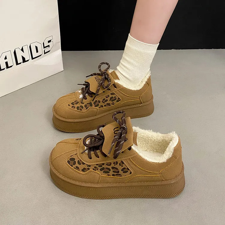 厚底豹纹德训鞋女款2025新款冬季加绒加厚保暖板鞋毛毛棉鞋雪地靴