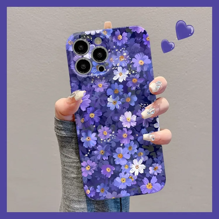 手绘蓝白花朵适用苹果16手机壳华为创意vivo全包小米15oppo菲林壳