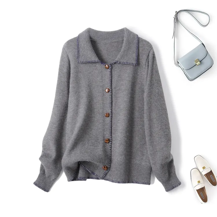 清秋冬大码韩系撞色刺绣翻领针织衫胖mm宽松毛衣开衫外套69288