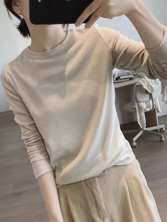 欧货圆领t恤女2025秋季新款内搭打底衫减龄基础款长袖棉质上衣潮
