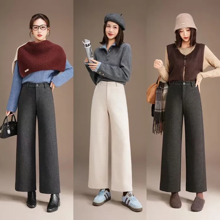 9616冬款羊毛直筒外穿裤高腰加绒加厚毛呢裤