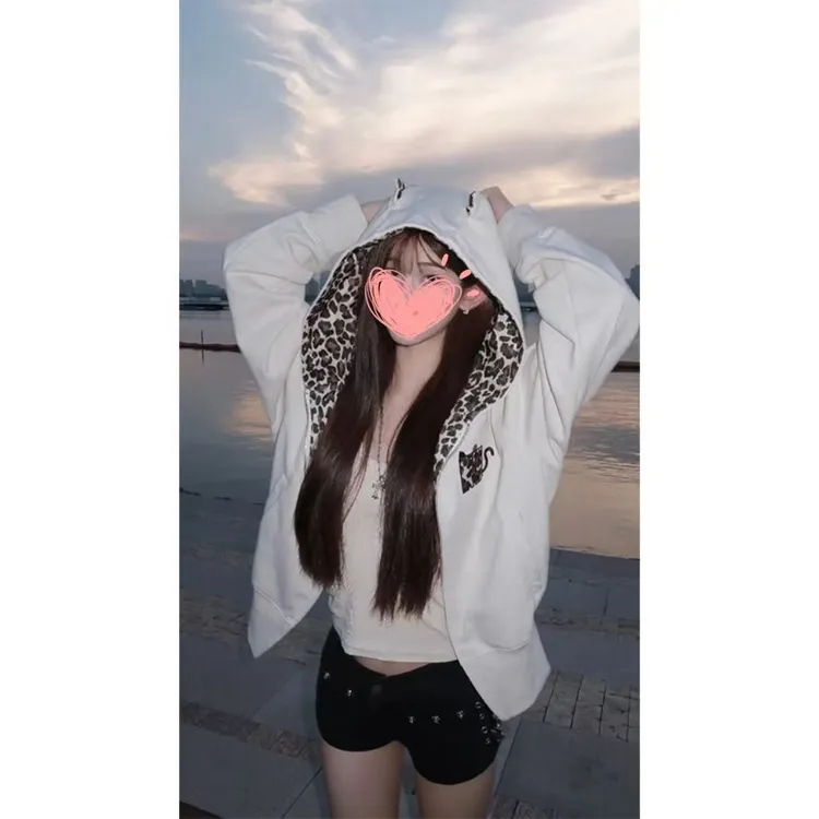 2025新款刺绣美式复古豹纹开衫连帽卫衣春秋女款拉链百搭设计上衣