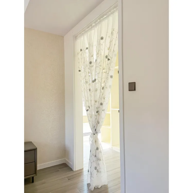 美式绣花窗纱纱帘免打孔蕾丝门帘隔断装饰帘底边波浪白帘