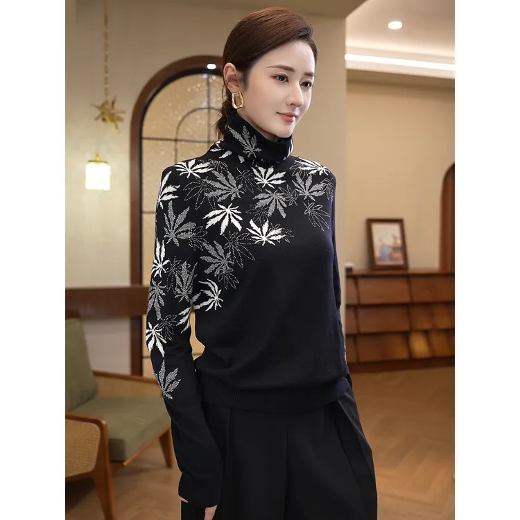 2025秋冬新款【TN-48】含绵羊毛树叶提花烫钻打底针织衫多色毛衣女