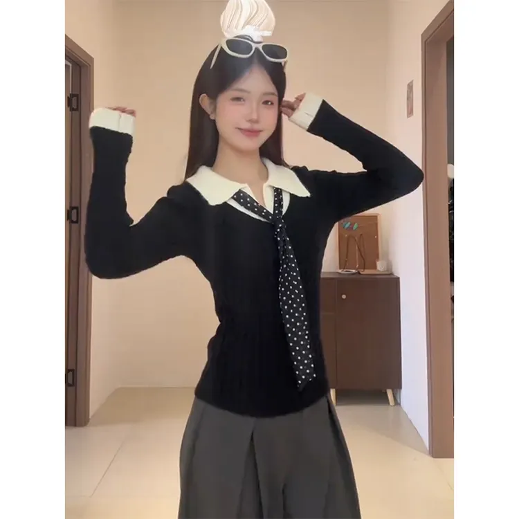 韩系高级感假两件长袖针织衫女秋冬设计感辣妹风修身内搭打底上衣