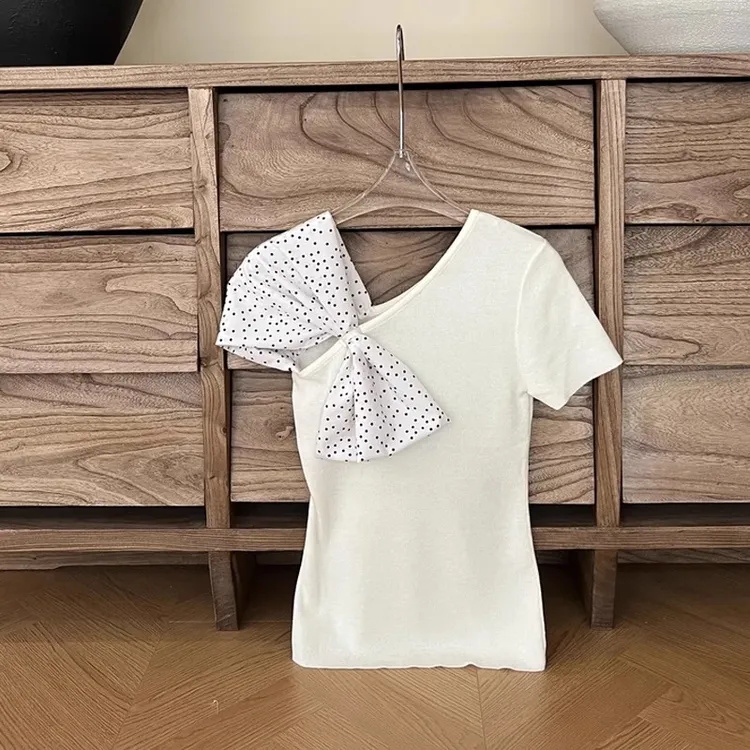 白色波点蝴蝶结短袖t恤女夏季修身独特绝美短款小个子设计感上衣