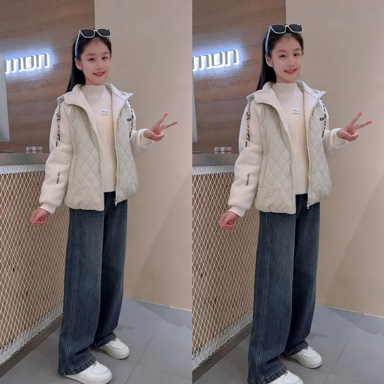 女童冬季保暖加厚棉衣毛衣加绒牛仔裤休闲款