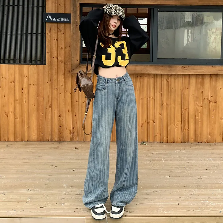 美式复古做旧条纹牛仔裤阔腿裤女设计感百搭垂感直筒阔腿拖地裤