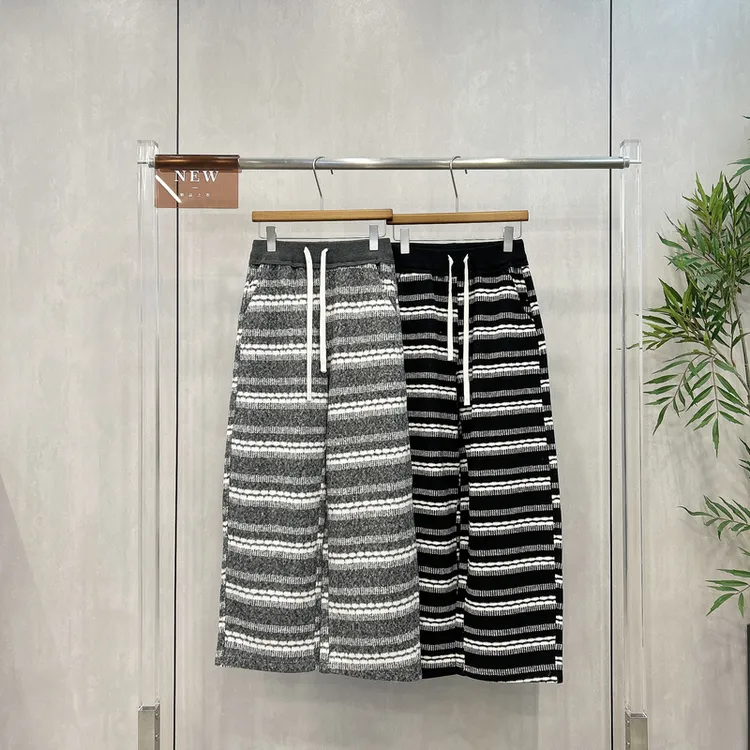 RAIN MALKA冬季高密时髦洋气针织加绒休闲裤女条纹提花长裤83396