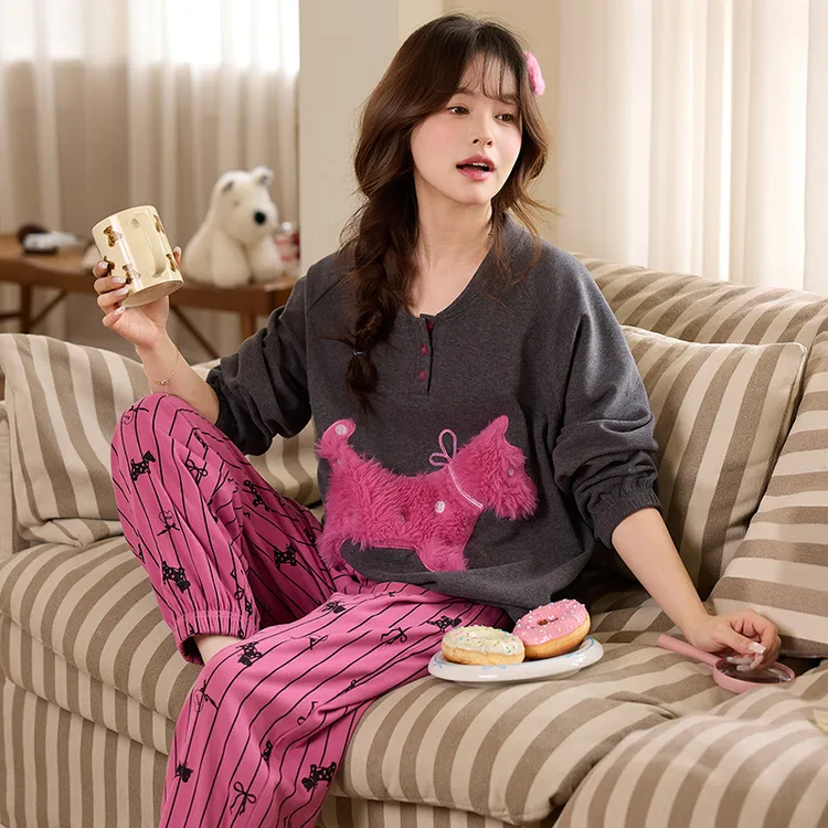 套头长袖睡衣女羊毛蚕丝保暖卡通休闲可爱两件套可外穿家居服