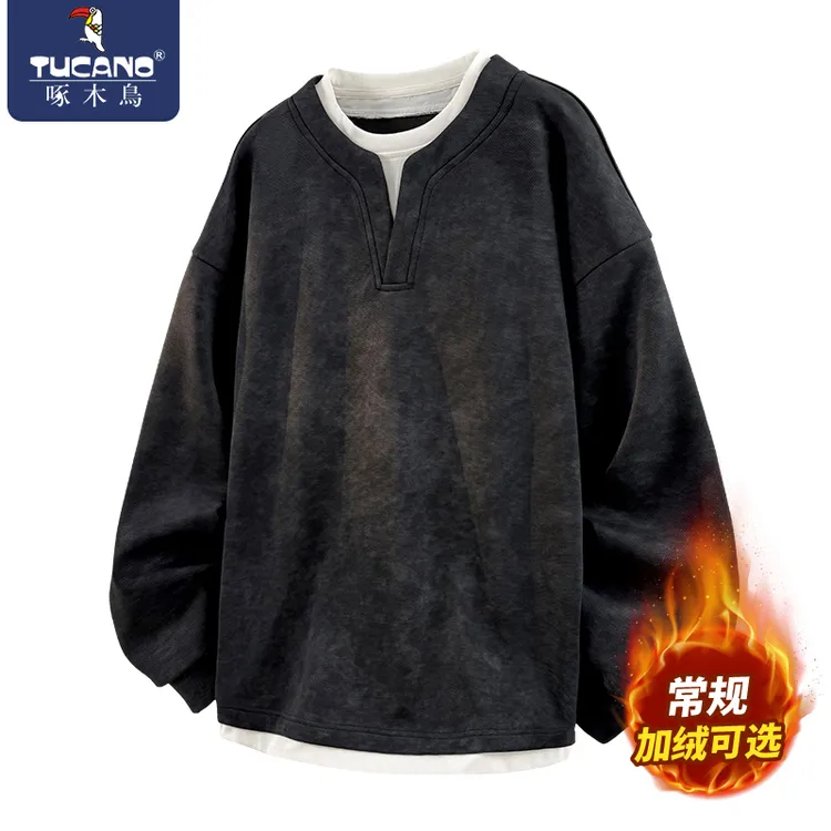 啄木鸟潮牌痞帅扎染圆领长袖卫衣男款百搭秋冬加厚加绒保暖打底衫