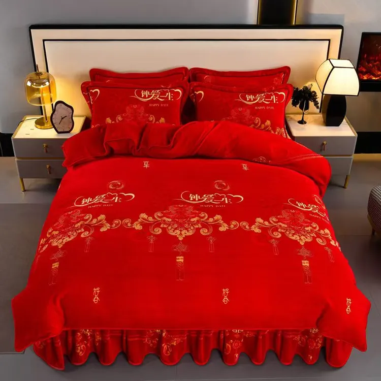 2025新品大红色保暖加厚牛奶绒四件套床裙款8-9斤重可机洗不掉毛