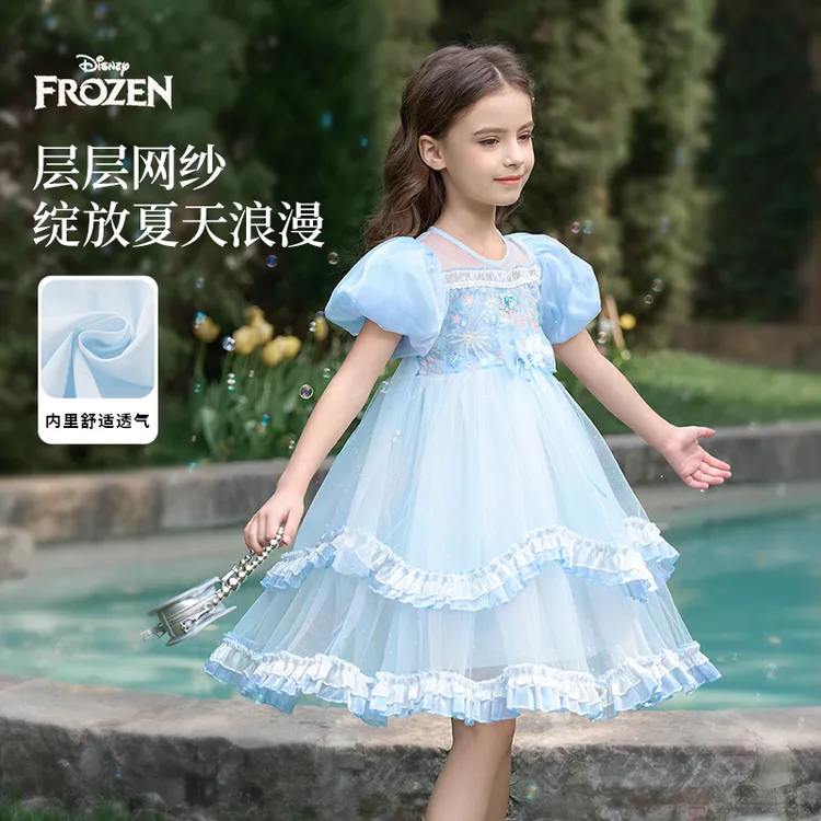 Disney/迪士尼夏季卡通风女A字裙连衣裙蕾丝女童小女孩刺绣纱裙