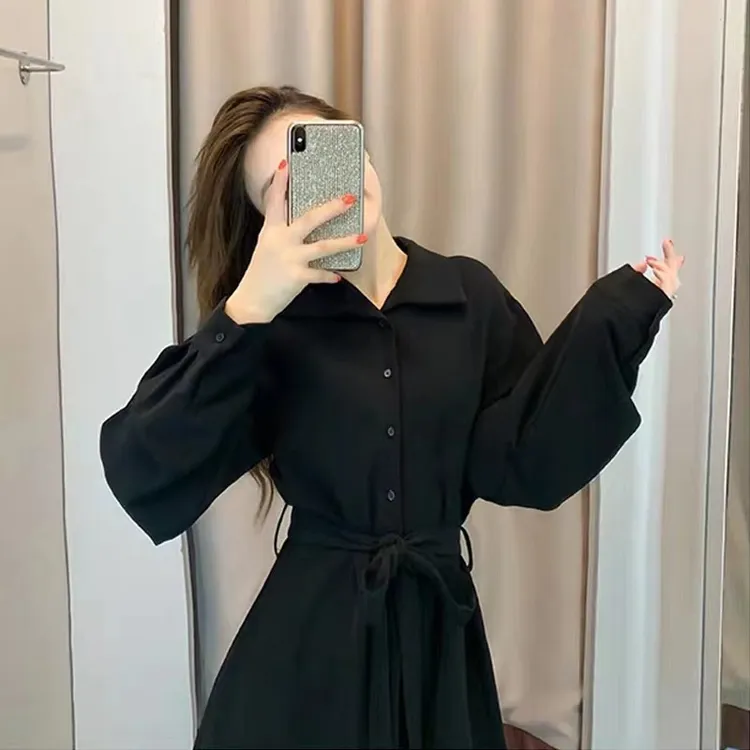 潮流衣装~黑色长袖法衬衫连衣裙女早秋季2025收腰显瘦气质长裙