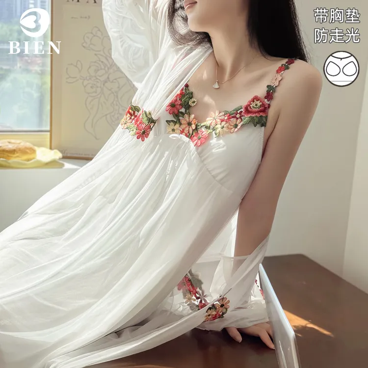吊带外披睡裙2025年春夏秋新款网纱莫代尔晨袍刺绣花朵睡袍两件套