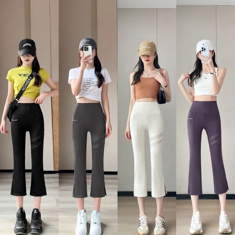 八分网纱侧口袋开叉微喇裤女春夏薄款外穿高腰显瘦运动瑜伽打底裤