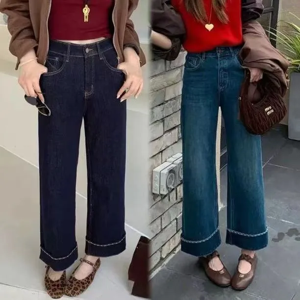 秋季新款弹力直筒牛仔裤女胖妹妹mm梨形身材高腰显瘦九分阔腿裤子