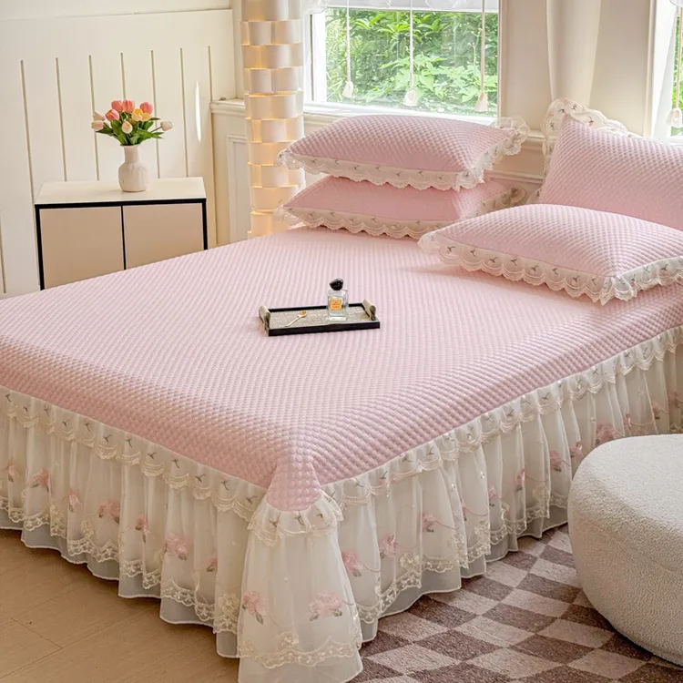 夏季凉感豆豆席床裙款三件套公主风蕾丝花边冰丝凉席可折叠空调席