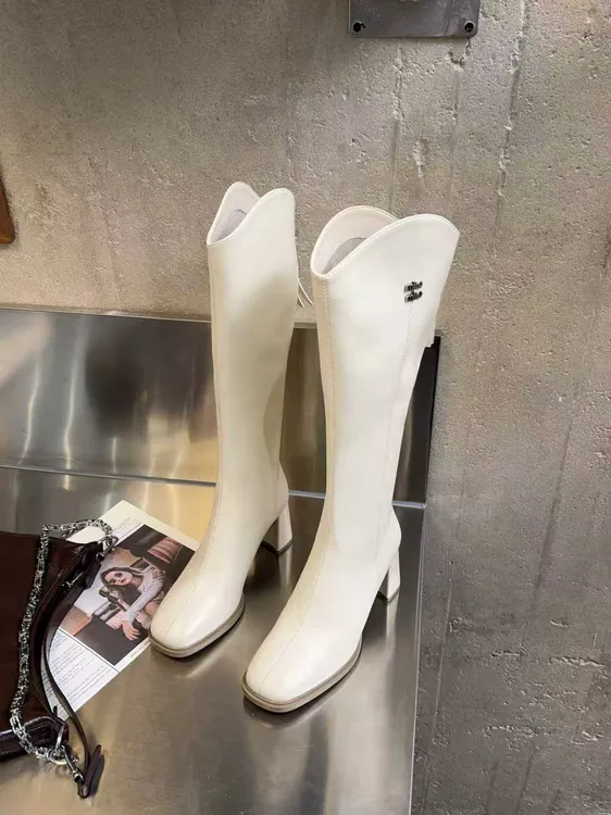 时尚高跟女靴女鞋时装靴粗跟百搭长筒秋冬必备长靴过膝白色高筒靴