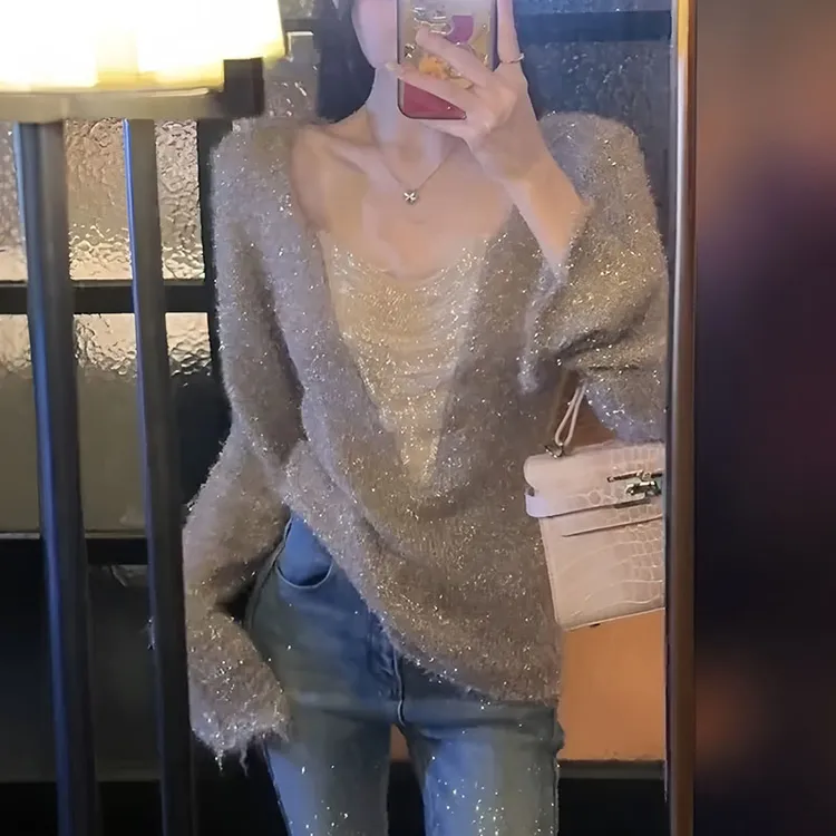 大码设计感银线链条喇叭袖毛衣针织衫女秋冬胖mm显瘦绝美内搭上衣