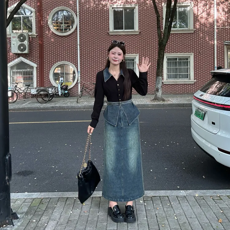 南岛风大码女装时尚休闲拼接长袖上衣秋胖mm显瘦牛仔半裙ZZM168