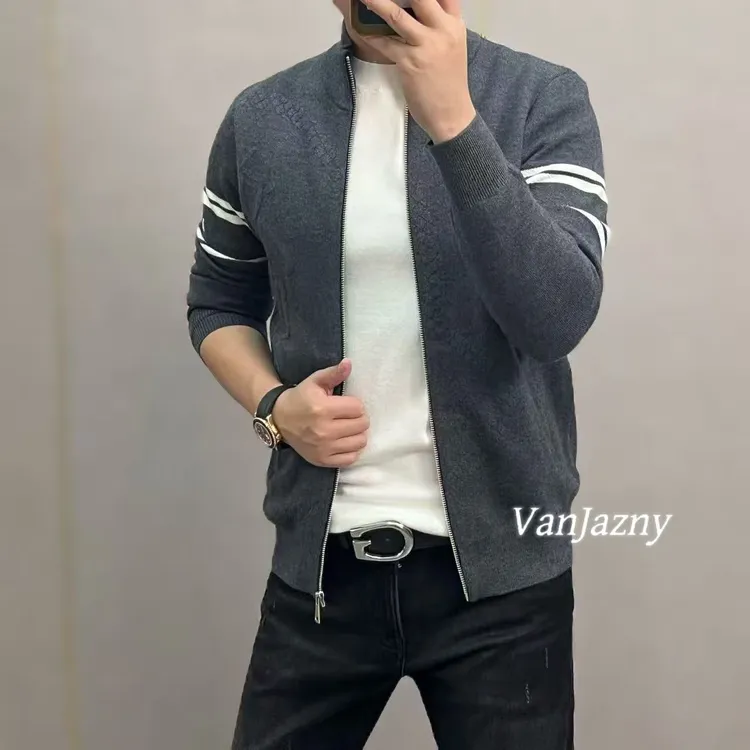 【VanJazny】秋季新款高端男士时尚条纹针织格纹立领休闲开衫79107
