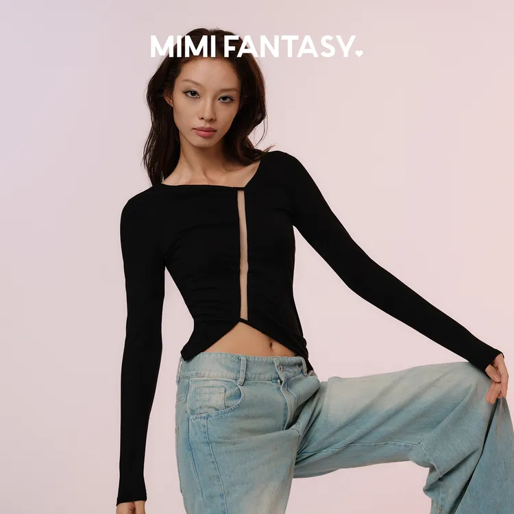 MIMI FANTASY原创设计不对称镂空打底衫女2025秋冬显瘦性感上衣
