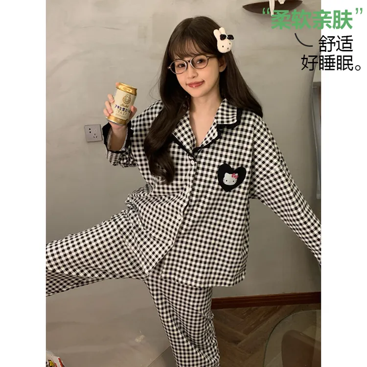 睡衣女春秋款2025年新款长袖长裤可爱风格子学生春秋季家居服套装