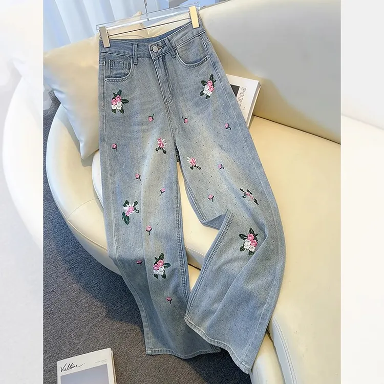 拉夏贝尔新中式刺绣直筒牛仔裤女2025春夏薄款国风高腰宽松阔腿裤