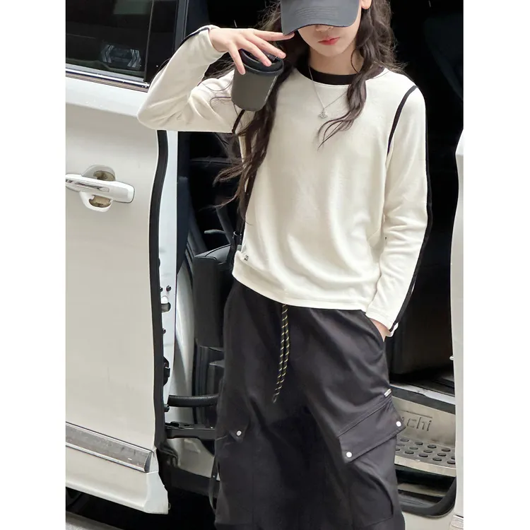 K29412孙小美拼色女童打底衫2025秋新款儿童长袖T恤大童春秋上衣