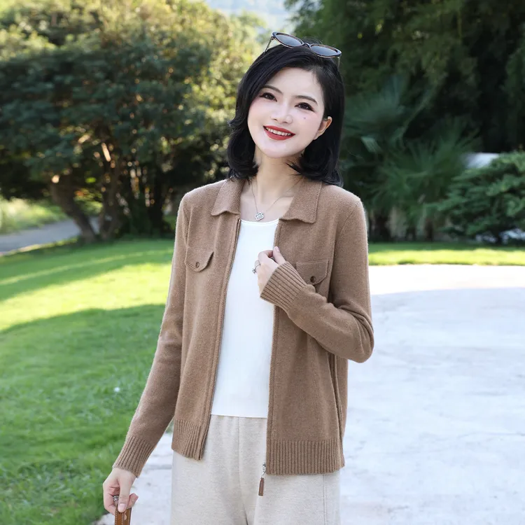 枫竺阿楠anan全羊毛翻领纯色针织开衫女秋季上衣出游服饰女毛衣